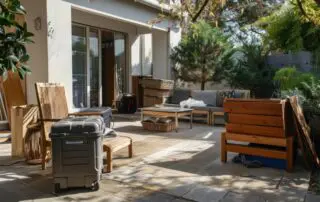 A spacious outdoor patio with modern wooden furniture, a variety of packed seating options, and lush greenery in a tranquil residential setting.