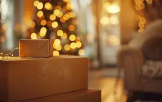 Blurred view of cozy living room filled with moving boxes during holiday season