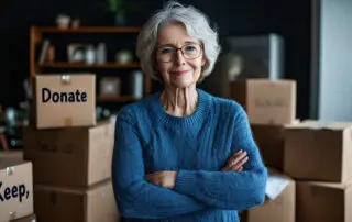 A warm, clutter-free home setting where a senior woman stacks boxes labeled "Donate" and "Keep," embracing an organized moving process to put things in storage
