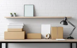 Home office setting featuring cardboard boxes, books, stacked lamp near minimalist shelving against white brick wall, suggesting small business workspace