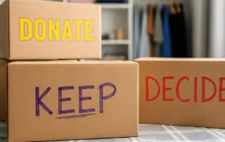 Cardboard boxes labeled Donate Keep Decide sorting