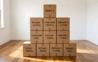 Stacked Cardboard Moving Boxes in Empty Room | Labeled Packing Cartons for Relocation | Organized Storage for House Move | Logistics and Real Estate Concept | New Beginning Background Wood Floor