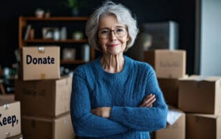 A warm, clutter-free home setting where a senior woman stacks boxes labeled "Donate" and "Keep," embracing an organized moving process to put things in storage