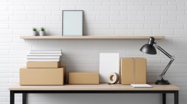 Home office setting featuring cardboard boxes, books, stacked lamp near minimalist shelving against white brick wall, suggesting small business workspace