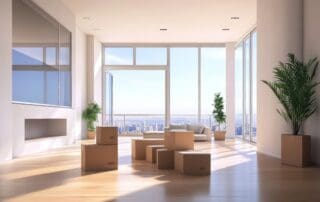 Modern apartment with cardboard boxes, ready to move in. Sunlit living room with city view.