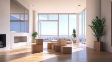 Modern apartment with cardboard boxes, ready to move in. Sunlit living room with city view.