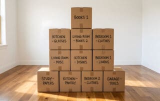 Stacked Cardboard Moving Boxes in Empty Room | Labeled Packing Cartons for Relocation | Organized Storage for House Move | Logistics and Real Estate Concept | New Beginning Background Wood Floor
