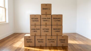 Stacked Cardboard Moving Boxes in Empty Room | Labeled Packing Cartons for Relocation | Organized Storage for House Move | Logistics and Real Estate Concept | New Beginning Background Wood Floor