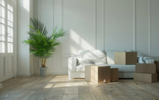 New house or apartment in NYC on moving day. Empty room with cardboard boxes, couch and green plant. Real estate concept.